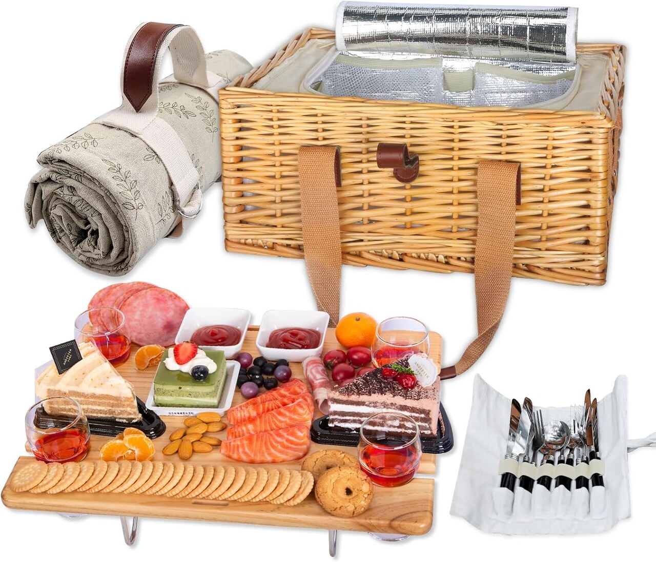 Picnic Basket for 4 with Mini Folding Wine Picnic Table & Large Insulated Cooler Bag & Cutlery Service Kits for 4 Person, Couples Gifts, Wedding Gifts (Y2307-4-CM)
